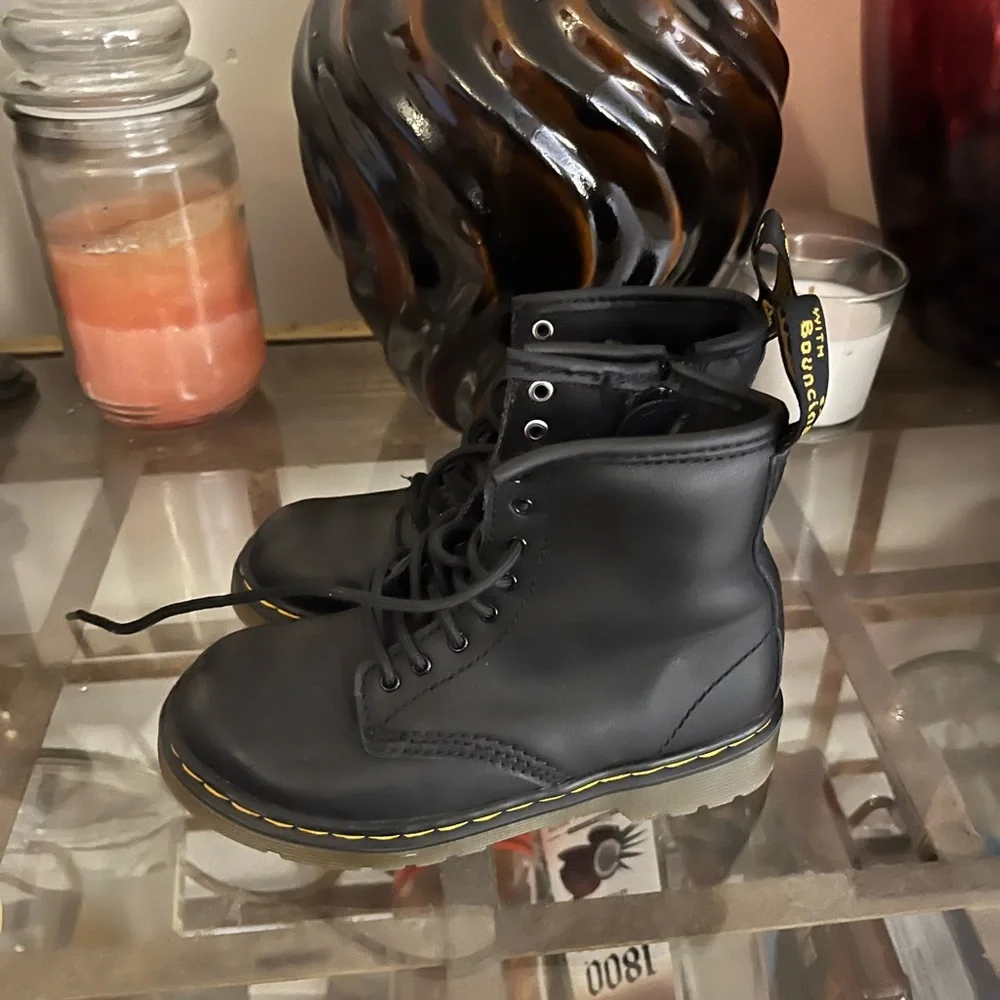 Dr. Martens Black Kids Boots with Yellow Stitching size 10